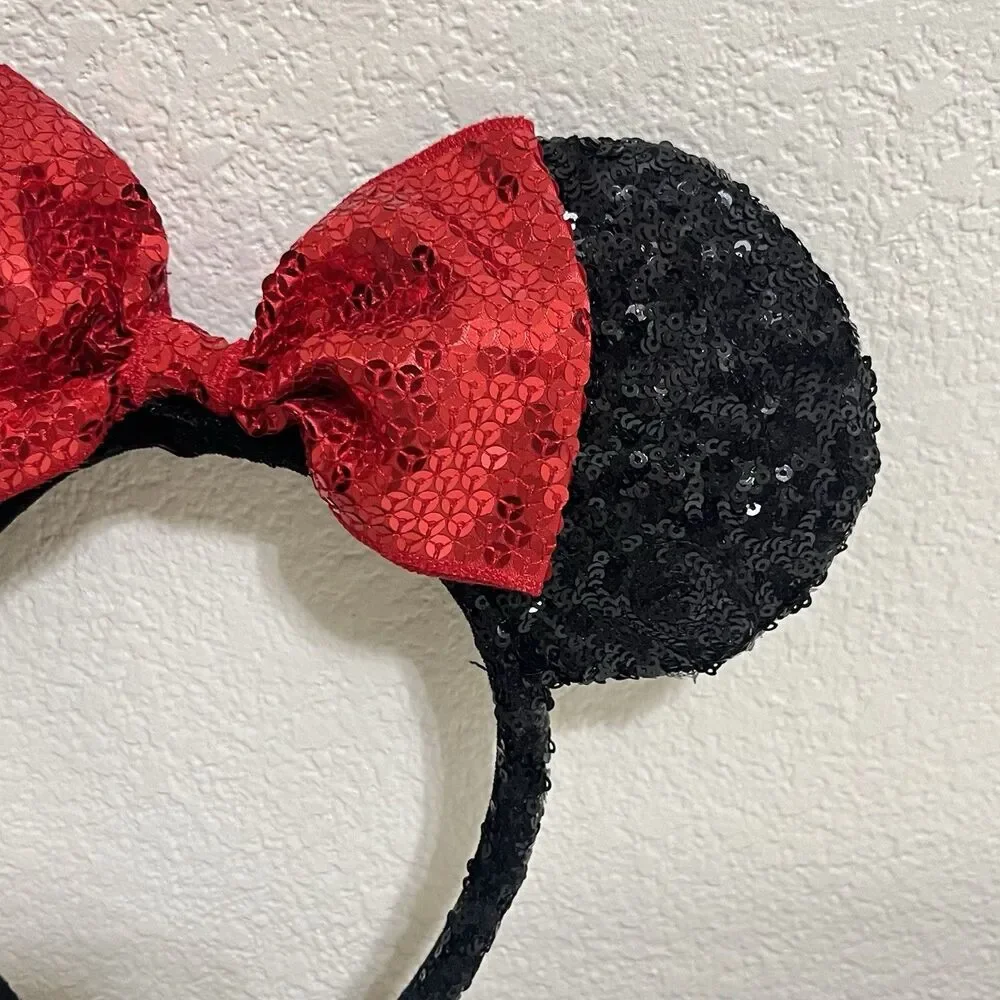 Disney Parks Minnie Mouse Black Sequin Red Bow Sequin Ears Headband